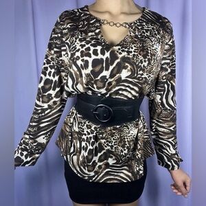 Animal Print Long Sleeve Womens Large Blouse Leopard Zebra Cheetah Chain Detail